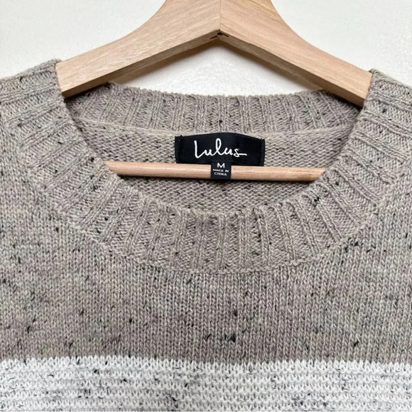 Lulus Womens  M Snuggle Season Grey Multi Striped Balloon Sleeve Sweater - Picture 9 of 13